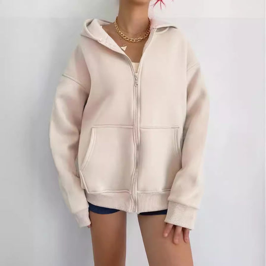 Damen nan minimalistisches French-Terry Zip-Hoodie mit durchgehendem Reißverschluss, Kängurutasche und Daumenloch-Ärmeln Shop Nory