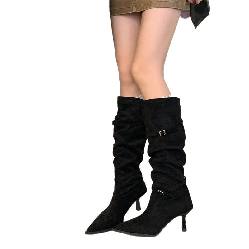 Damen kniehohe Slouch‑Stiefel mit spitzer Zehenform und schmalem Stiletto‑Absatz Shop Nory