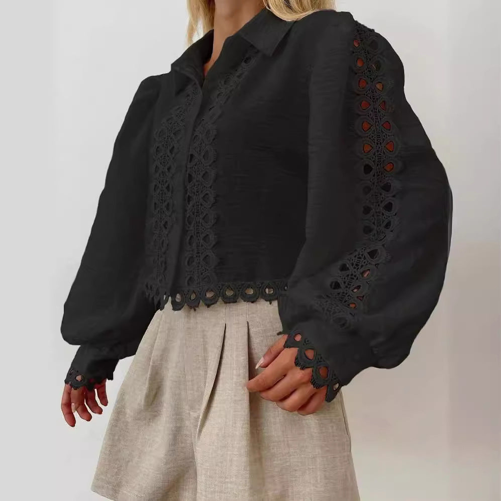 Damen Gestickte Leinenbluse mit Lochspitze, Ballonärmeln und Hemdkragen Shop Nory