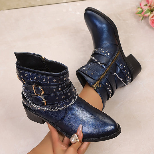 Damen Nietenbesetzte Stiefelette mit Ketten‑ und Schnallen‑Details Shop Nory