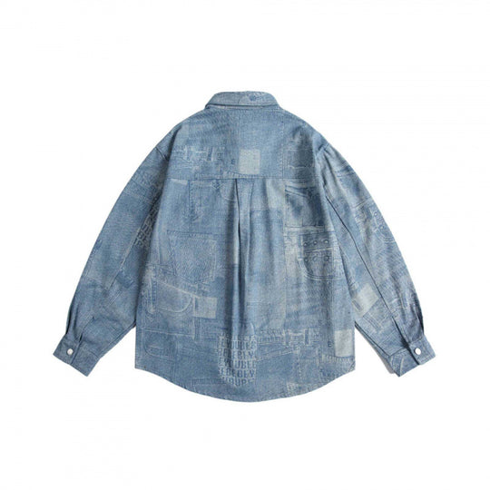 Unisex Oversize-Jeanshemd mit Allover-Patchprint und Brusttasche Shop Nory