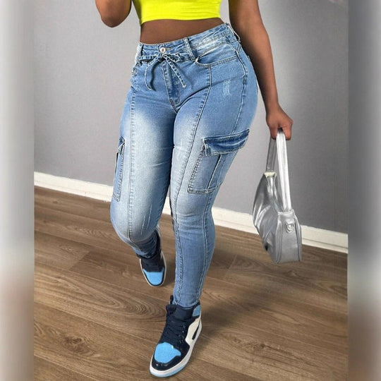 Damen Hochtaillierte stretchige Cargo-Skinny-Jeans mit Tunnelzugbund Shop Nory