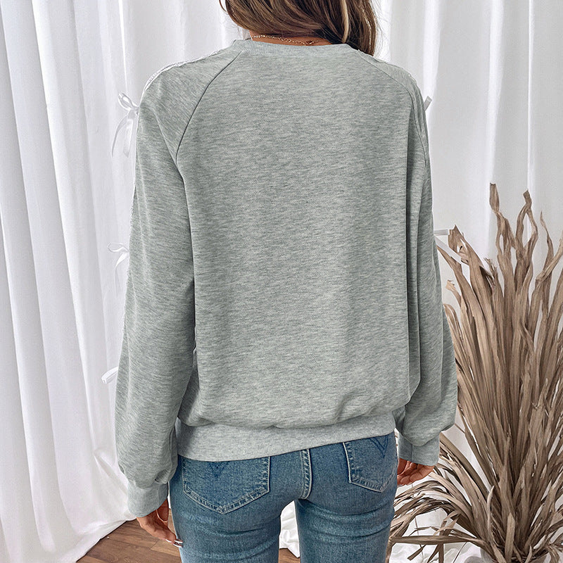 Damen Lässiges Sweatshirt mit Spitzenborte und Zierschleifen an Ärmeln Shop Nory