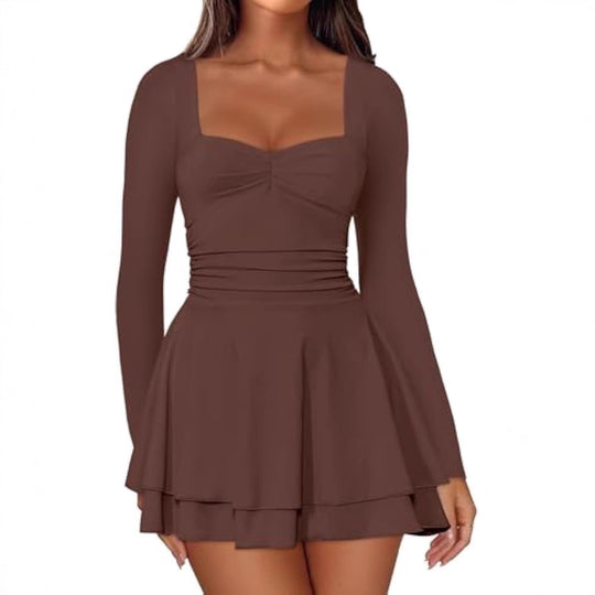 Damen Langarm-Minikleid mit quadratischem Ausschnitt, taillierter Raffung und zweilagigem Volantrock Shop Nory