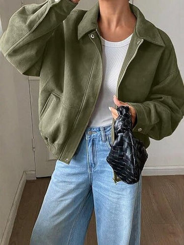 Damen Kurz geschnittene Oversize Bomberjacke mit Reißverschluss und Hemdkragen Shop Nory
