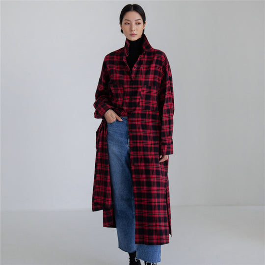 Damen Langer kariierter Hemdmantel mit Taillenband und Seitenschlitzen Shop Nory