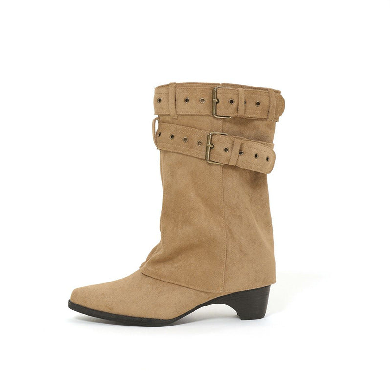 Damen Slouch-Stiefel mit spitzer Zehenpartie, Schnallenriemen und niedrigem Absatz Shop Nory