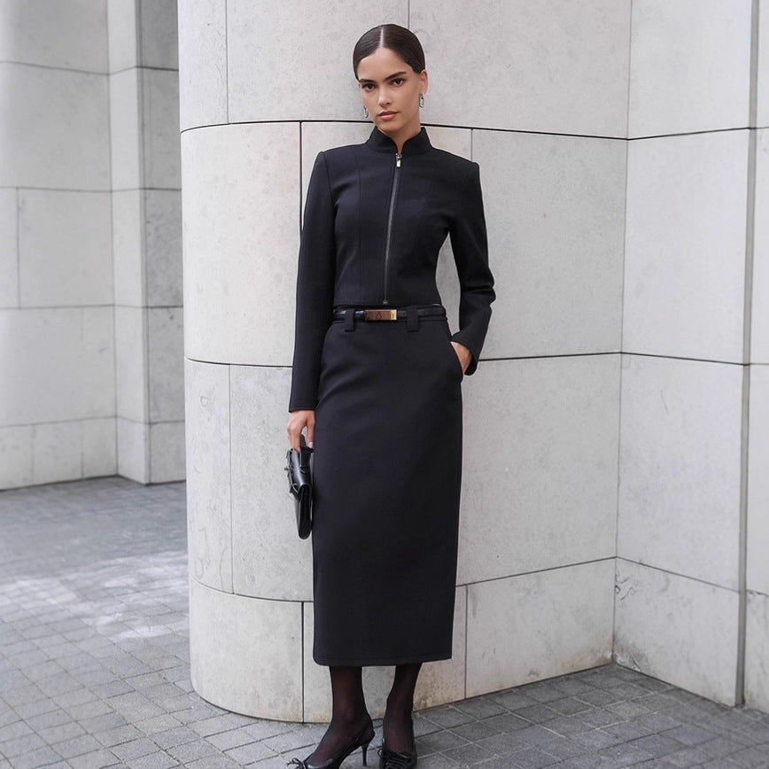 Damen Elegantes Etuikleid mit schmalem Stehkragen und Reißverschluss Shopnory