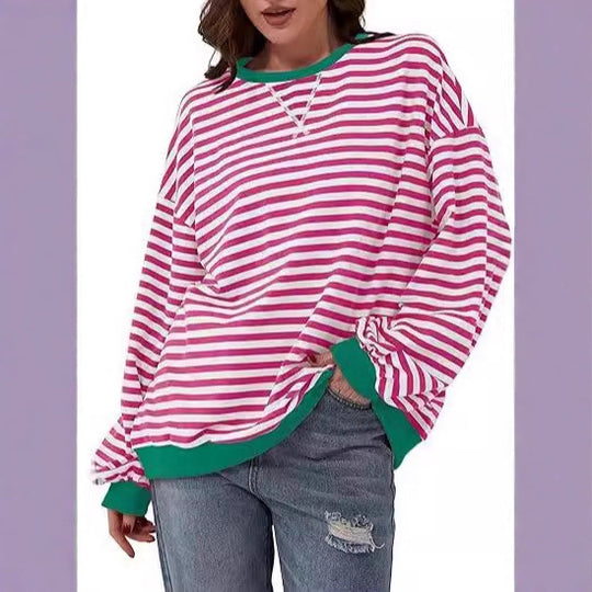 Damen Lässiges Oversize-Streifen-Sweatshirt mit Raglanärmeln und Kontrastbündchen Shop Nory