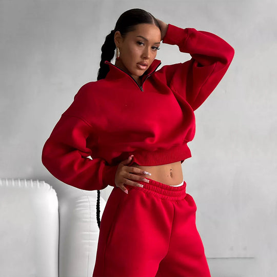 Damen Zweiteiliges Cropped-Halbzip-Sweatset mit Stehkragen und elastischer High-Waist-Jogginghose Shop Nory