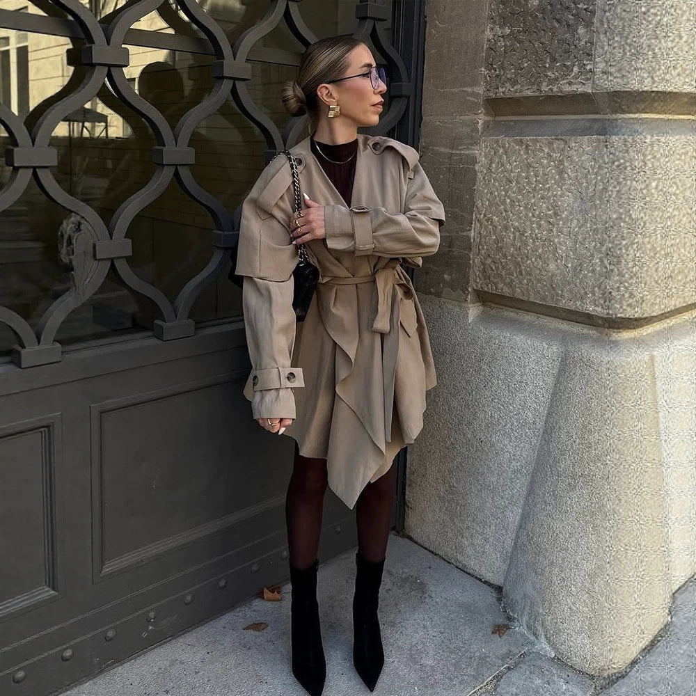 Damen Kurzer Asymmetrischer Wickelmantel mit Volant-Overlay und Bindegürtel Shop Nory