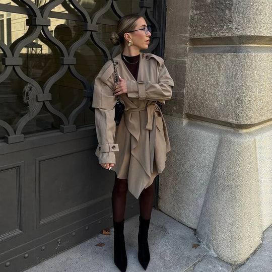 Damen Kurzer Asymmetrischer Wickelmantel mit Volant-Overlay und Bindegürtel Shop Nory