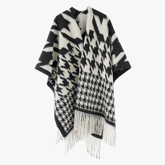 Damen Wollmix-Poncho mit Hahnentritt-Muster und Fransensaum Shop Nory