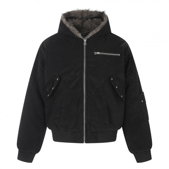 Unisex Oversize-gefütterte Kapuzen-Blousonjacke aus Velourslederimitat mit Teddyfutter Shop Nory