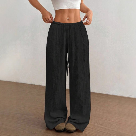 Damen weite Leinenoptik-Loungehose mit hohem Gummibund, Kordelzug & Crinkle-Struktur Shop Nory