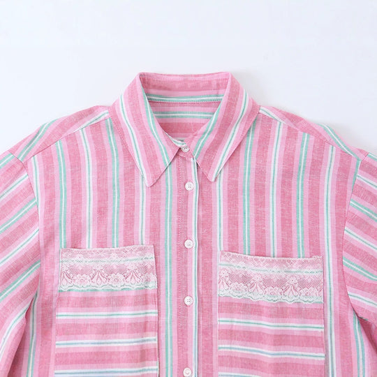 Damen Gekürzte gestreifte Hemdbluse mit Spitzenbesatz und Oversize-Ärmeln Shop Nory