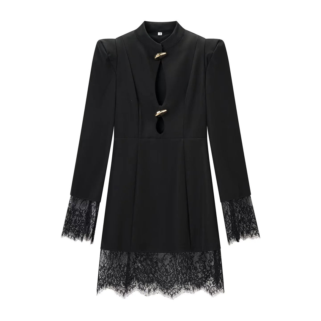 Damen Midikleid mit Stehkragen, Cut-Out‑Front, goldenen Zierverschlüssen und Spitzenbesatz Shop Nory