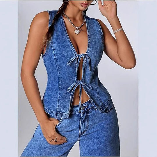 Damen Enganliegende Jeansweste mit V-Ausschnitt und Bindeschnürung Shop Nory