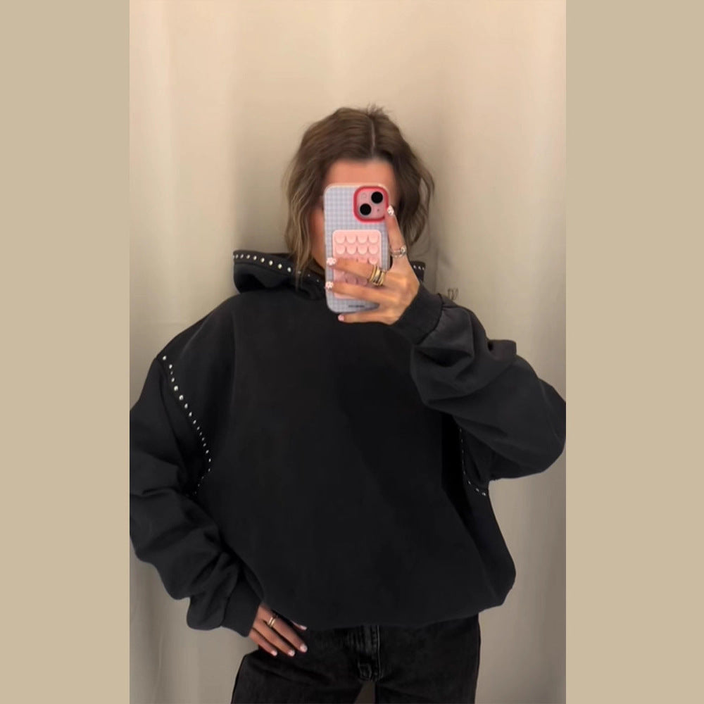 Damen Oversized Kapuzenpullover mit Nietenbesatz und Ballonärmeln Shop Nory