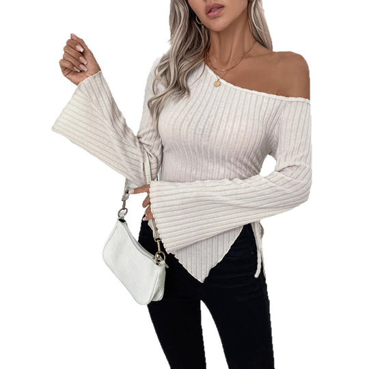 Damen Asymmetrisches Rippshirt mit schulterfreiem Schnitt und Zipfel-Saum Shop Nory