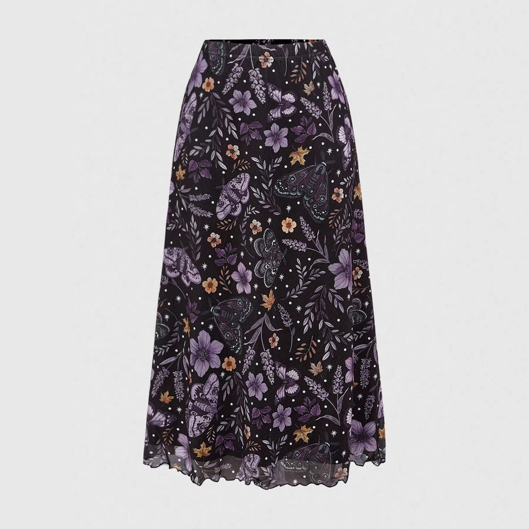 Damen Midirock aus Chiffon mit Blumen- und Schmetterlingsprint und elastischem Bund Shop Nory