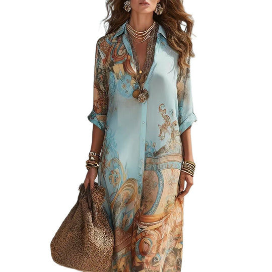 Damen Hemdblusenkleid Maxikleid in fließender Seidenoptik mit kunstvollem Allover-Print und 3/4-Ärmeln Shop Nory