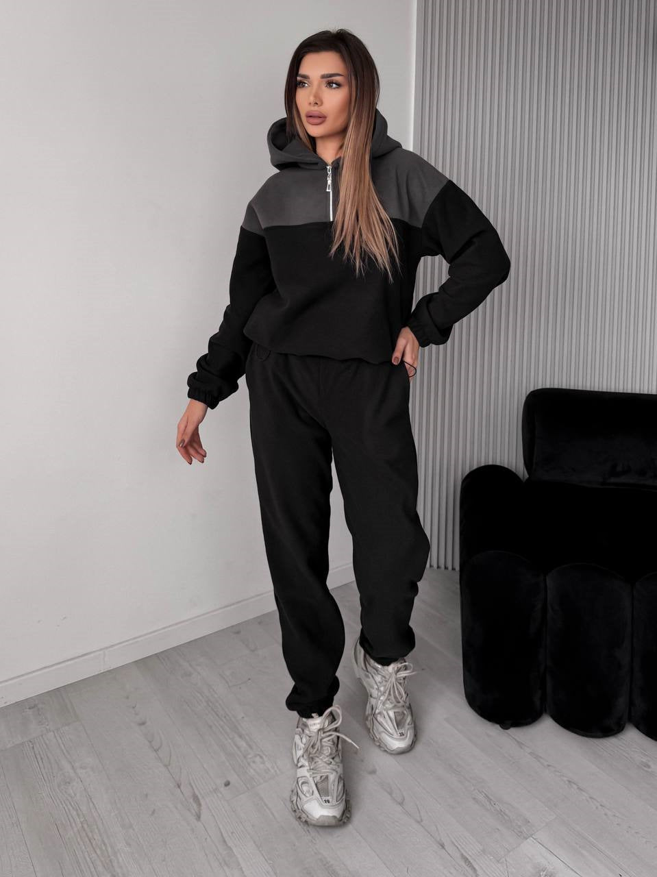 Damen Zweiteiliges Farbblock-Loungewear-Set mit halbem Reißverschluss und schmaler Jogginghose Shop Nory