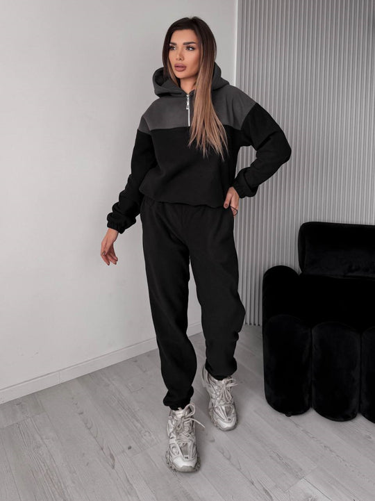 Damen Zweiteiliges Farbblock-Loungewear-Set mit halbem Reißverschluss und schmaler Jogginghose Shop Nory