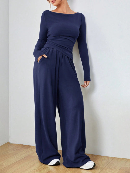 Damen Lässiges Two‑Piece Lounge‑Set mit U‑Boot‑Ausschnitt, taillierter Drapierung und weitem Palazzohose Shop Nory