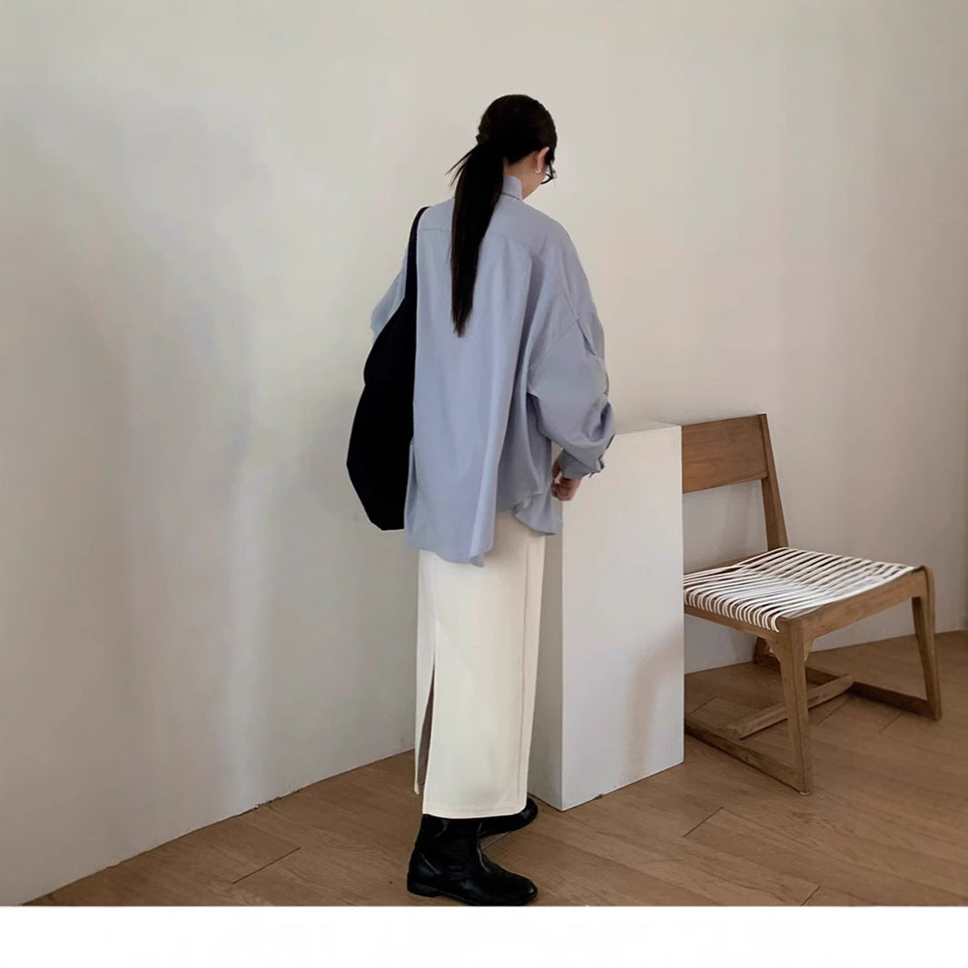 Damen Lockeres Oversize-Hemd mit Stehkragen, verlängertem Rückenteil und überschnittenen Ärmeln Shop Nory