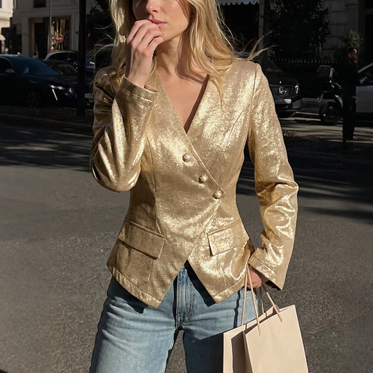 Damen Taillierter Metallic-Blazer mit Perlenknopfleiste und Schößchen Shop Nory