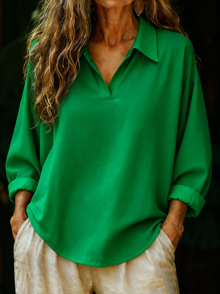 Damen lässige Bluse mit V-Ausschnitt und geknöpftem Kragen Shopnory