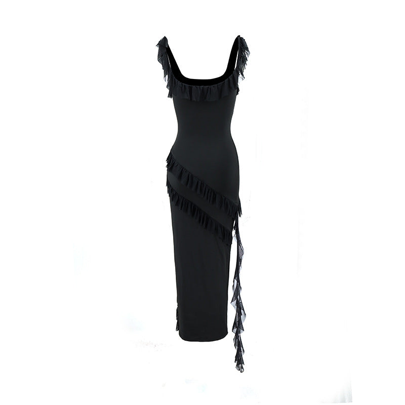 Damen Maxikleid mit originellem Rüschendetail und eleganter Taillierung
