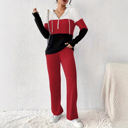 Damen Gerippter Lounge-Zweiteiler mit Kapuzen‑Halbzip und ausgestellter Palazzohose Shop Nory