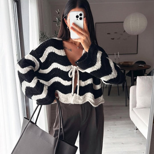 Damen Kuscheliger Kurz-Cardigan mit Zickzack-Textur, BindShop Noryand & Oversize-Ärmeln Shop Nory