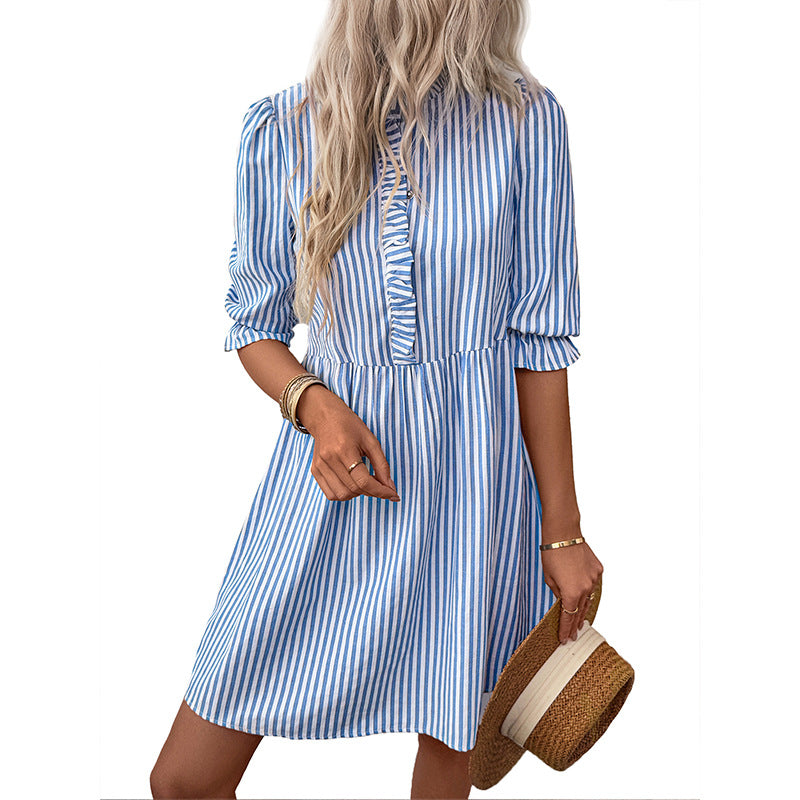 Damen Gestreiftes Leinen-Kurzkleid mit Rüschendetail Shop Nory