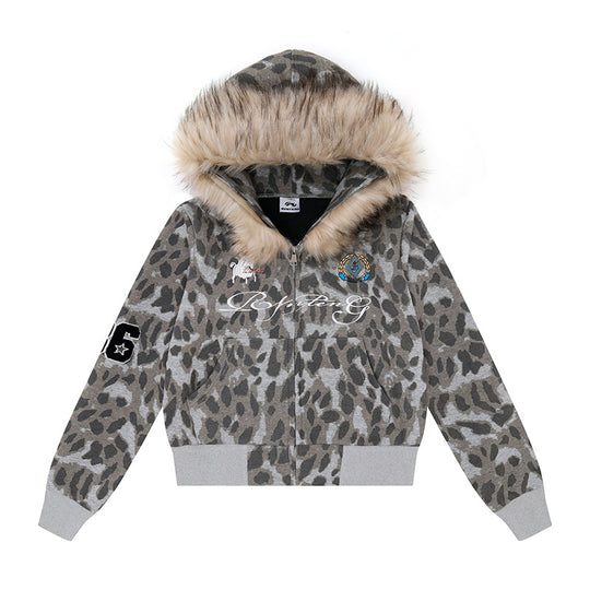 Damen Kapuzen-Sweatjacke mit Kunstfellbesatz, Leo-Allover und Reißverschluss Shop Nory