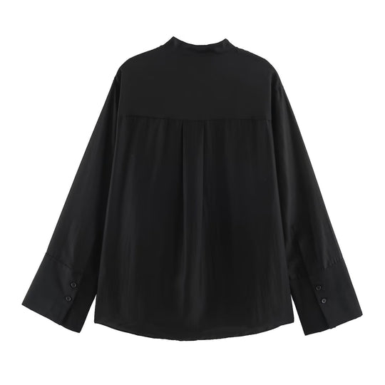 Damen Oversize-Seidenoptik-Hemdbluse mit Stehkragen und bestickter Brusttasche Shop Nory