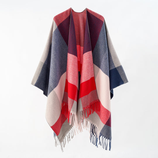 Damen Weiches Oversize-Cape aus Wollmischung mit großem Blockmuster und Fransensaum Shop Nory
