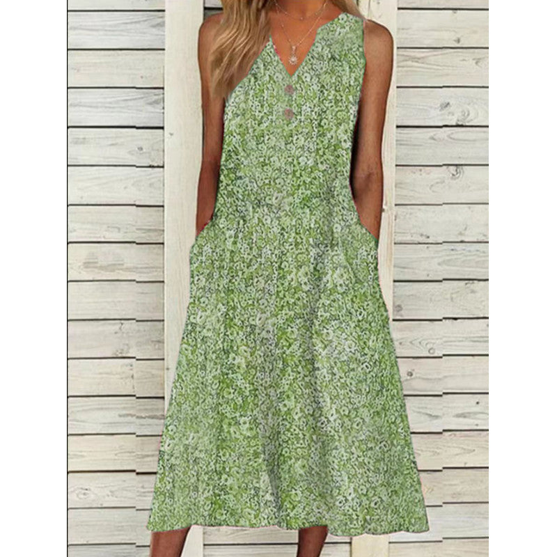 Damen Midi-Kleid mit tiefem V-Ausschnitt, Knopfdetails und praktischen Taschen