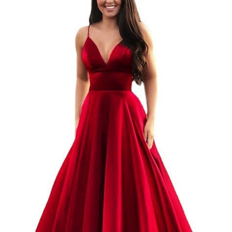 Damen A-Linien Abendkleid mit tiefem Ausschnitt und schmalen Trägern