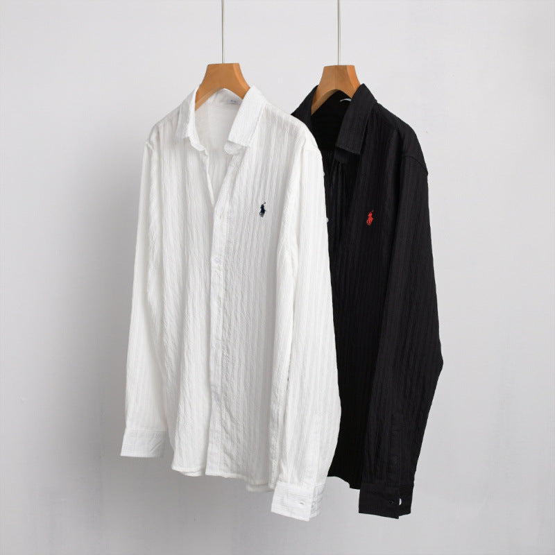 Herren Leichtes Baumwoll-Langarmhemd im Layering‑Stil mit feiner Crinkle‑Struktur und Kentkragen Shop Nory