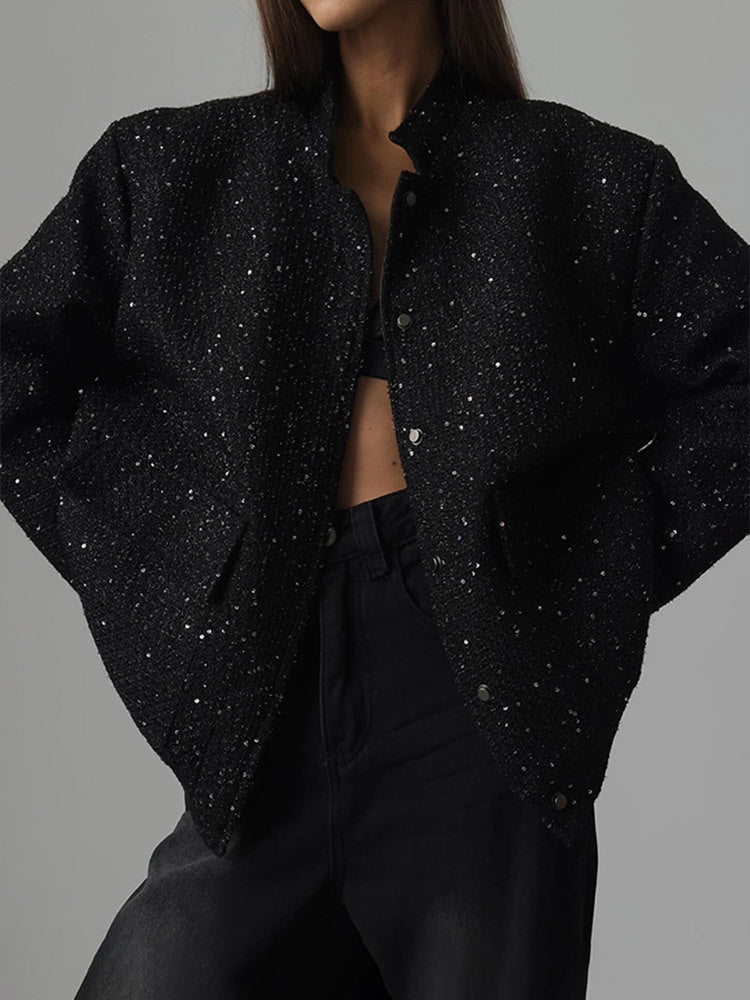 Damen Glamouröse Glitzerjacke mit oversized Schnitt und modischen Taschen