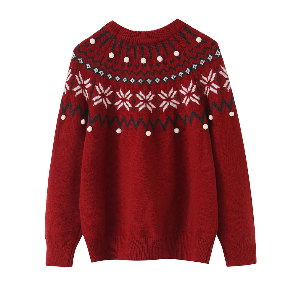 Damen Norwegermuster-Strickpullover mit Rundhalsausschnitt und dreidimensionalen Pompons Shop Nory