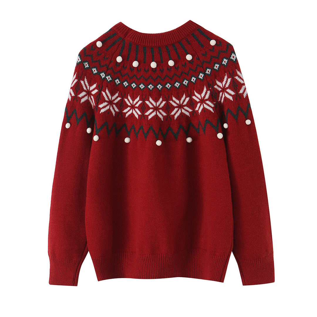 Damen Norwegermuster-Strickpullover mit Rundhalsausschnitt und dreidimensionalen Pompons Shop Nory