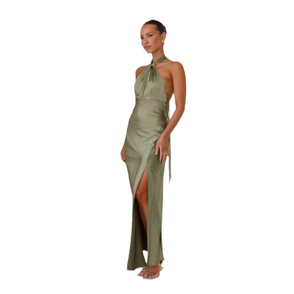 Damen Elegantes Wickelmaxikleid im Halterneck-Stil mit seitlichem Schlitz und Taillengürtel