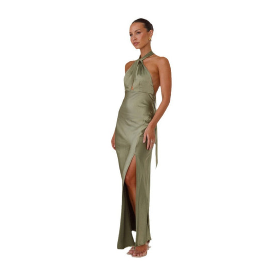 Damen Elegantes Wickelmaxikleid im Halterneck-Stil mit seitlichem Schlitz und Taillengürtel