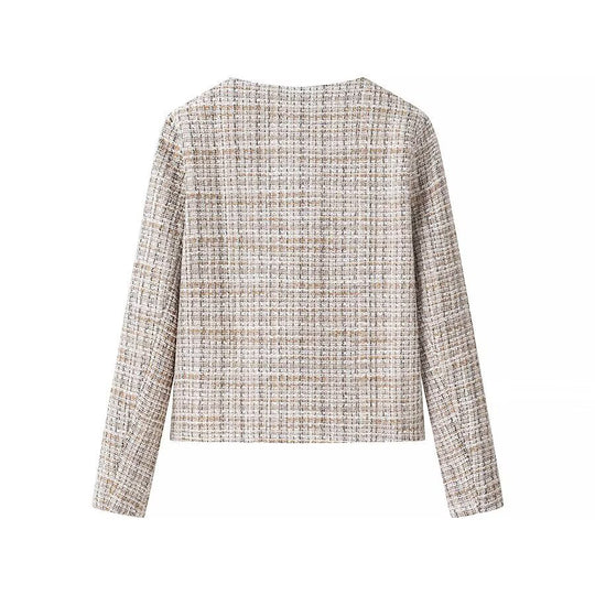 Damen Kurzjacke aus Bouclé‑Tweed mit rundem Ausschnitt und dekorativen Goldknöpfen Shop Nory