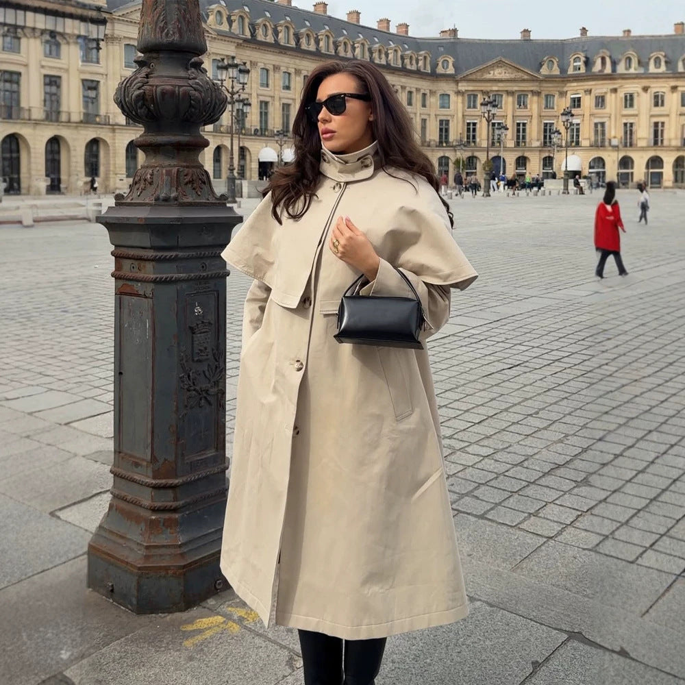 Damen Oversize-Trenchcoat mit Cape-Detail und hohem Stehkragen Shop Nory