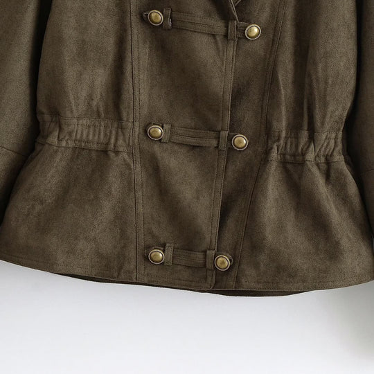 Damen Cropped Wildlederoptik-Jacke mit Schalkragen, Taillenraffung und dekorativen Knebelknöpfen Shop Nory